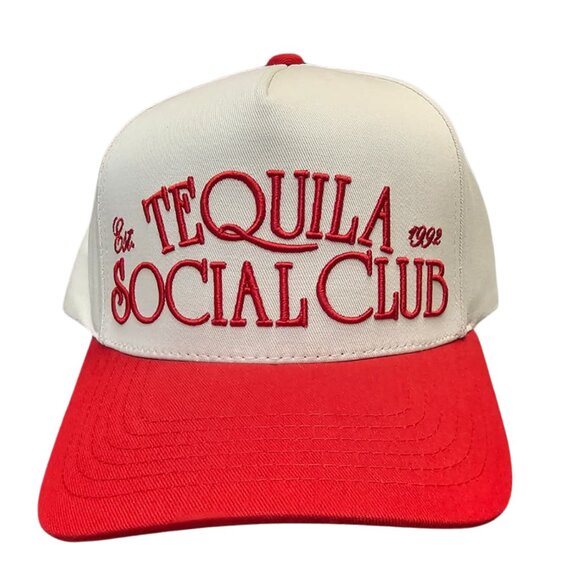 Hat "Tequila Social Club" 100% Cotton Snapback Adjustable Baseball Cap Cream Red - Picture 1 of 2